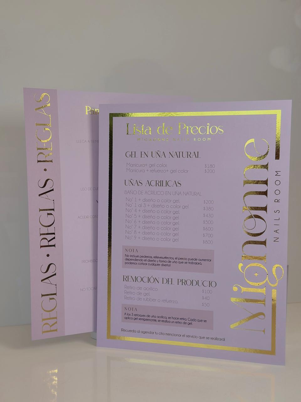 MENU Y LISTA DE PRECIOS